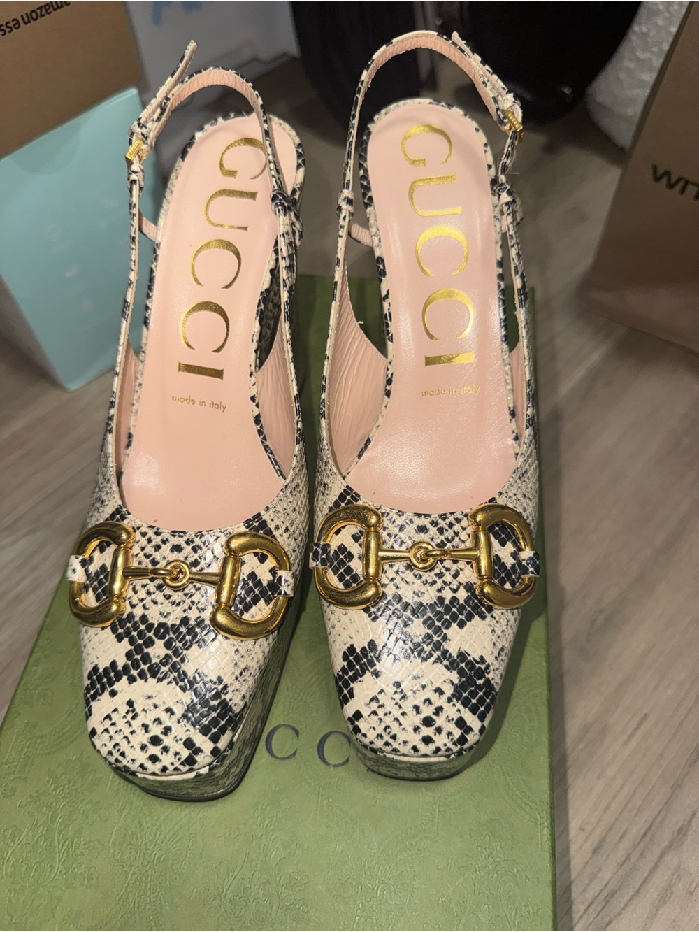 Gucci Cream and Black Snake-Print Slingback Heels with Gold Horsebit